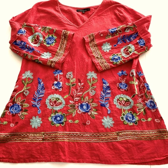 CALESSA Red Cotton Tunic Top Plus Size 1X Boho Embroidered Floral  V-neck Summer - Picture 6 of 14